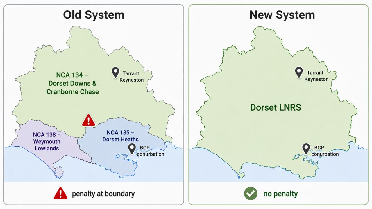 Diagram comparing the old NCA-based system with separate penalty zones (NCA 134 Dorset Downs and Cranborne Chase, NCA 135 Dorset Heaths, NCA 138 Weymouth Lowlands) to the new single Dorset LNRS area with no spatial risk penalty between BCP and Tarrant Keyneston