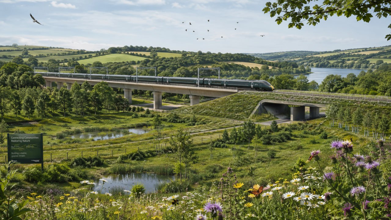 Major infrastructure project with biodiversity net gain — a railway viaduct surrounded by wildflower meadows, native planting and wildlife ponds